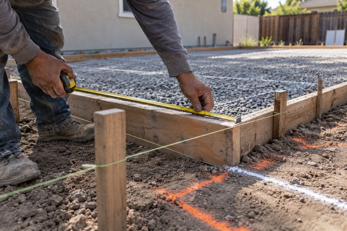 Hands measuring wooden forms for a concrete slab on gravel base