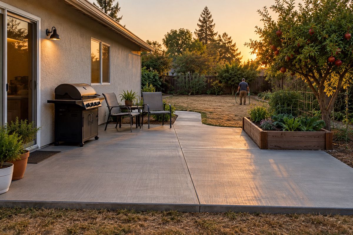 Finished broom-finish concrete patio in a Sacramento backyard at sunset