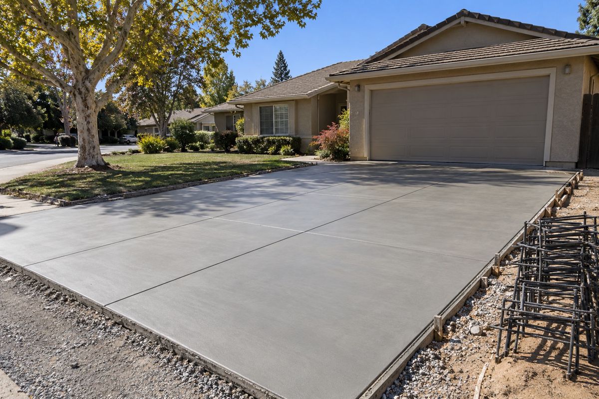 New concrete driveway with saw-cut joints at a Sacramento stucco home
