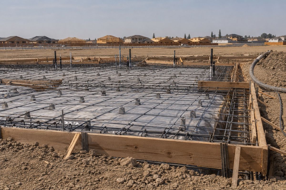 Rebar grid and wooden forms ready for a house slab pour