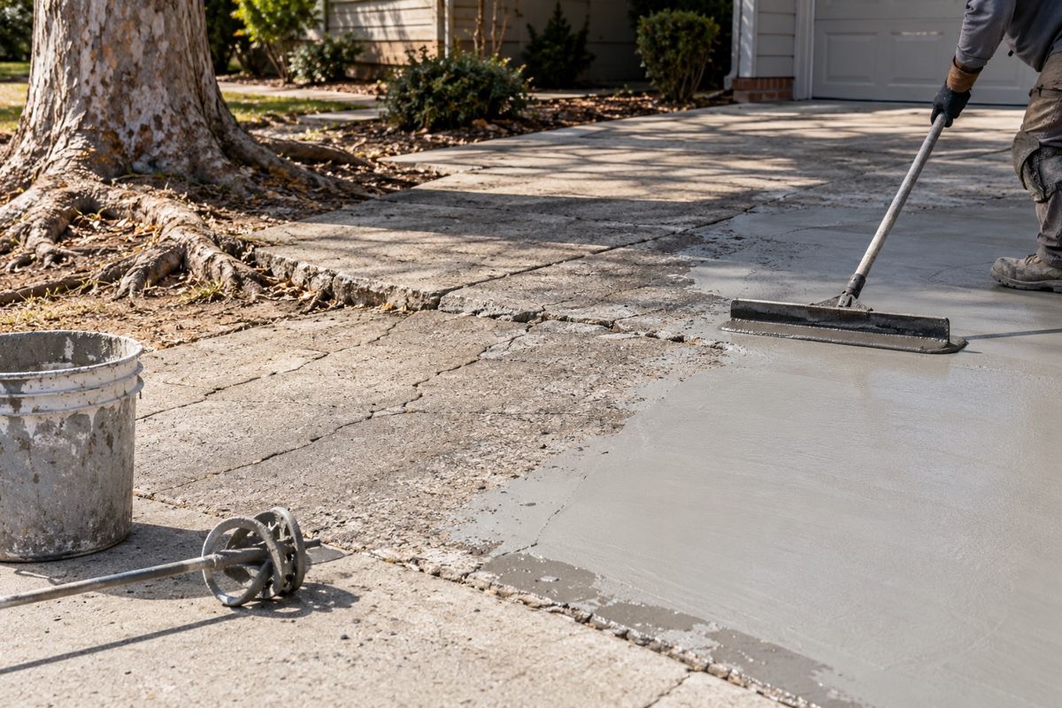 Worker resurfacing a cracked concrete driveway beside a lifted slab