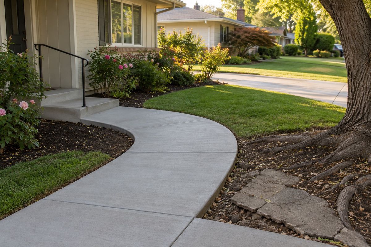 New concrete walkway and steps leading to a ranch home porch