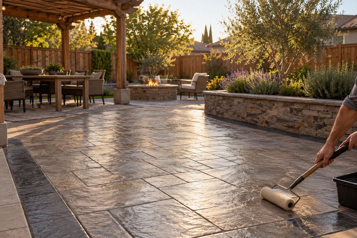 Stamped slate pattern concrete patio with fire pit in a backyard